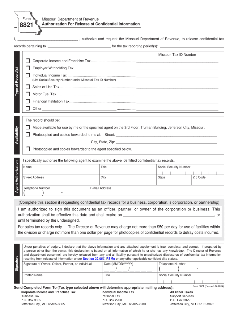  Missouri Form 8821 Authorization for Release of Confidential Information 2014-2024