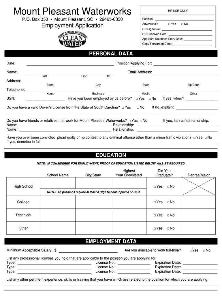 Waterworks Mt Pleasant Sc Applications Form