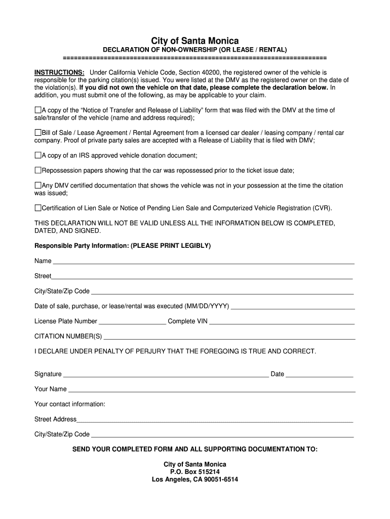 Declaration of Non Ownership Ca Dmv Form