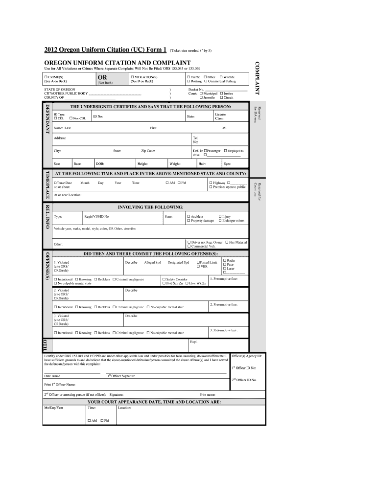  Oregon Uniform Citation and Complaint 2012-2024