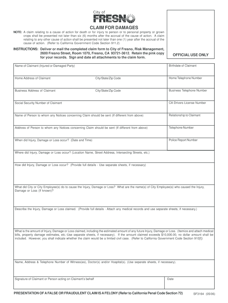  Forms for a Claim Against Fresno County 2006-2024