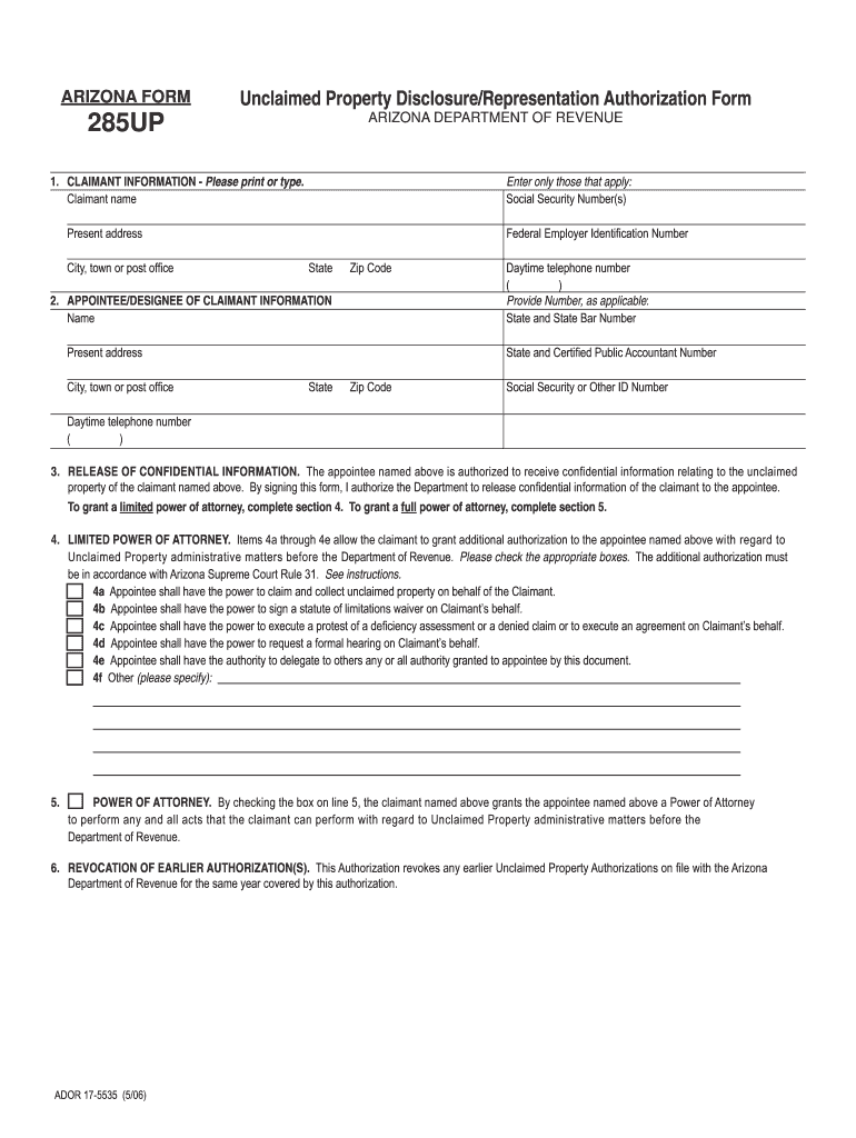  Arizona Form 285up 2006-2024