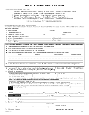 Proofs of Death Claimants Statement C 5082 Form