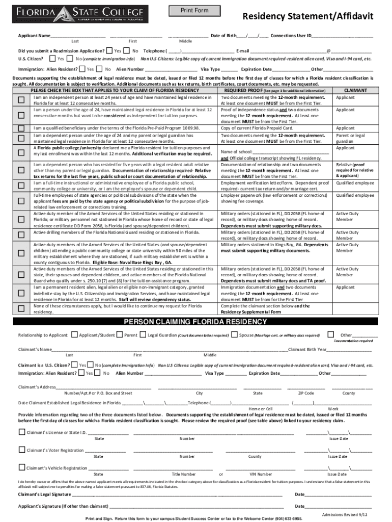  Affidavit of Residency 2012-2024