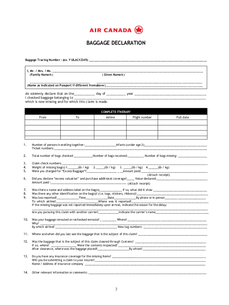 Air Canada Damaged Baggage Claim  Form