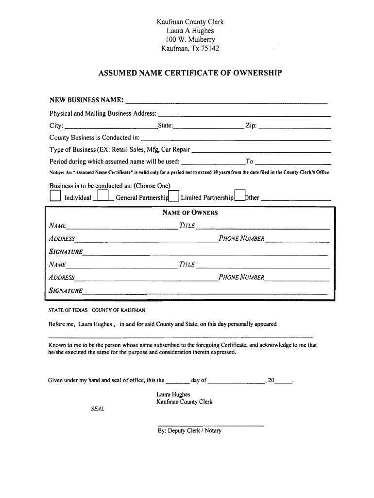 Texas Assumed Name Certificate  Form