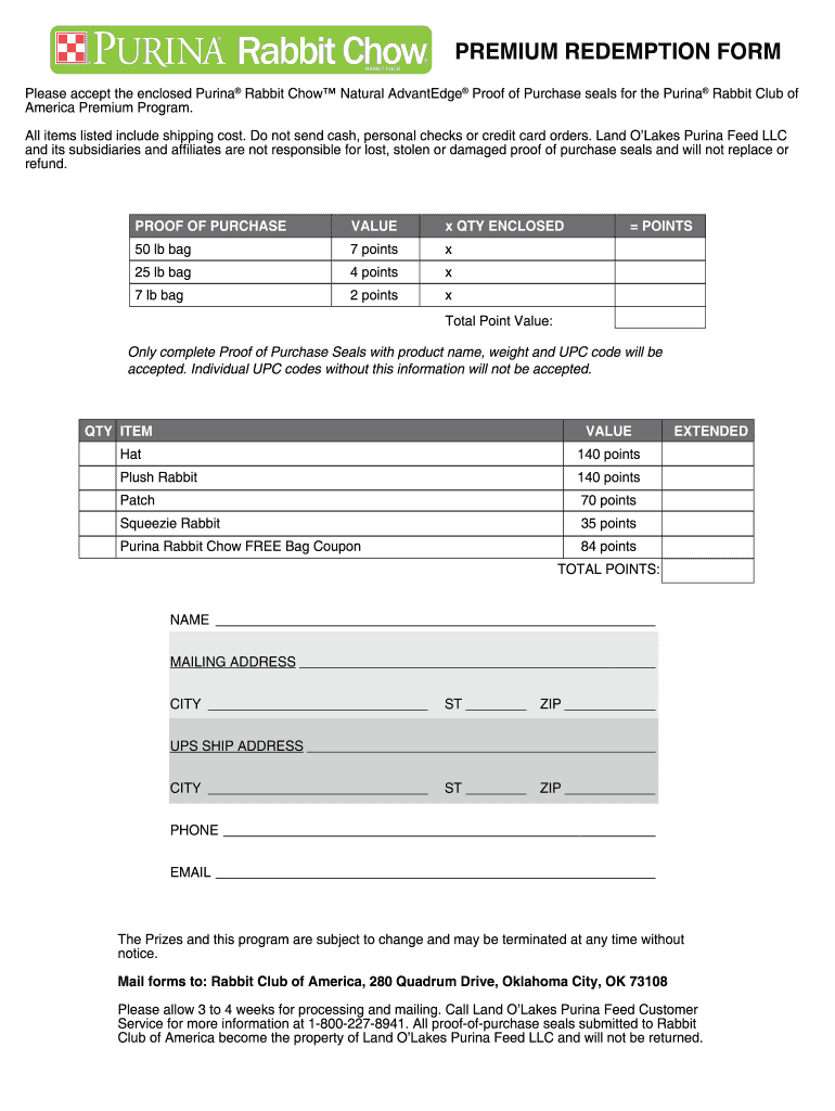 Rabbit Club of America Purina  Form