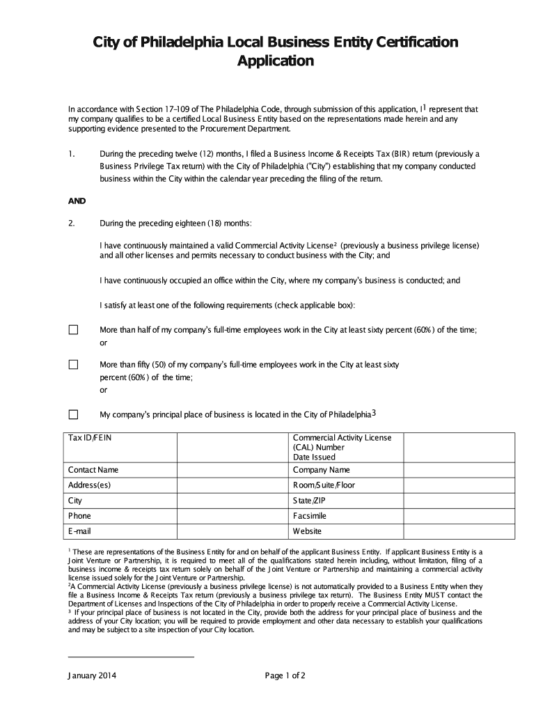 City of Philadelphia Local Business Entity Form