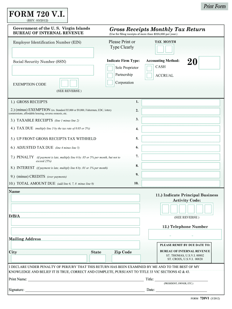 720VI Gross Receipts Monthly Form 5% Virgin Islands Internal