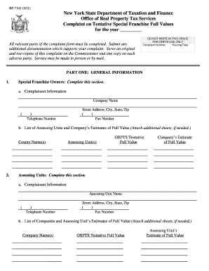 Form RP 7141311Complaint on Tentative Special Franchise Full Tax Ny