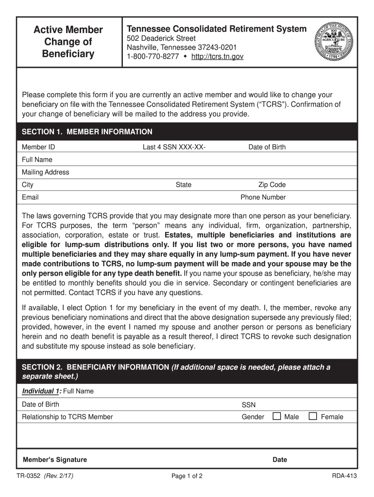 Active Member Change of Beneficiary Treasury Tn  Form