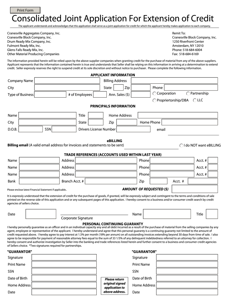 Credit Application Cranesville Block Co  Form