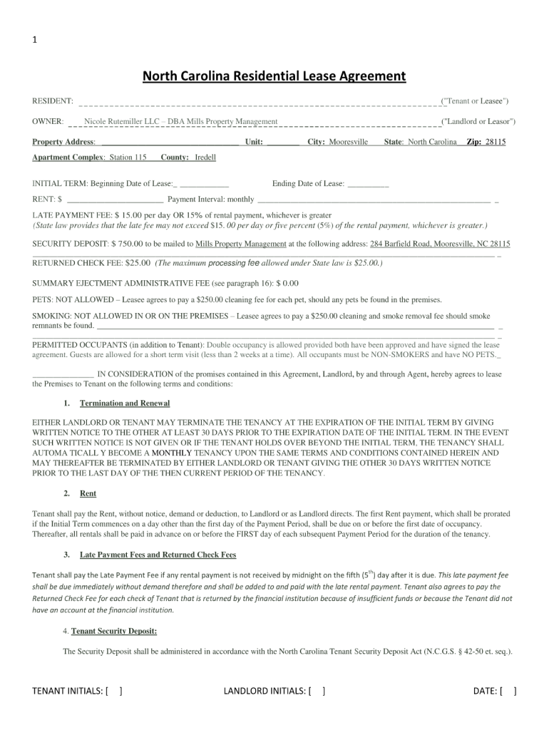 North Carolina Residential Lease Agreement DOC  Form