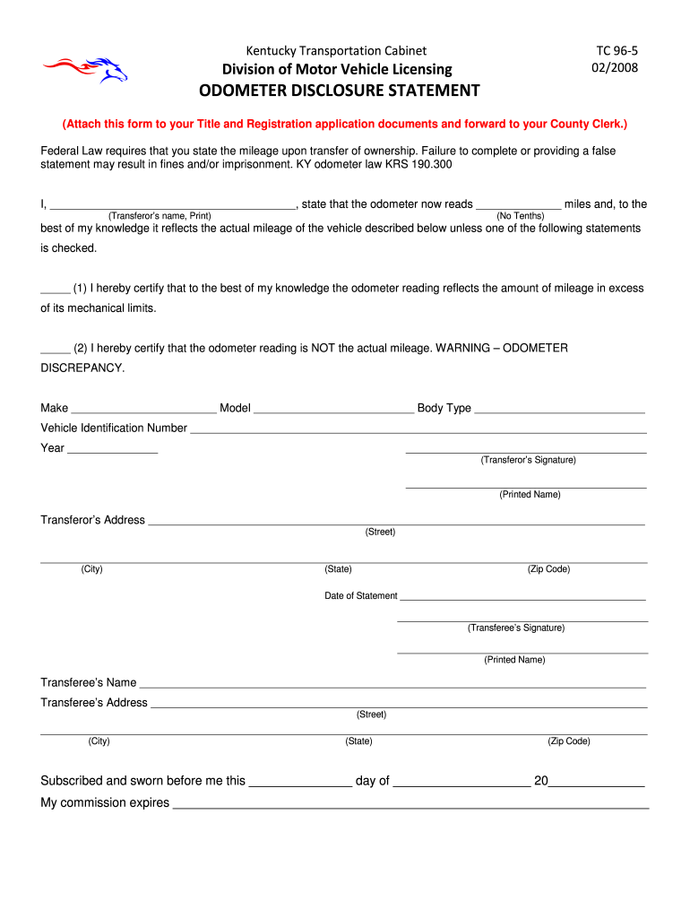  Kentucky Odometer Disclosure Statement Form 2015