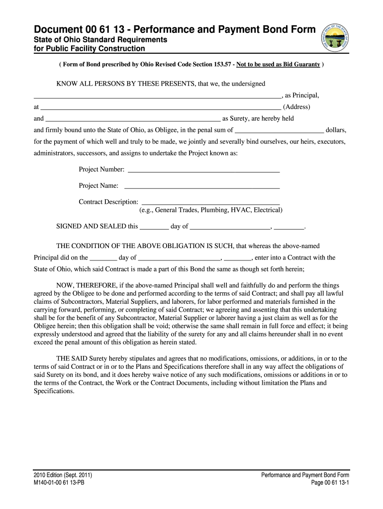  State of Ohio Performance and Payment Bond Form 2011-2024