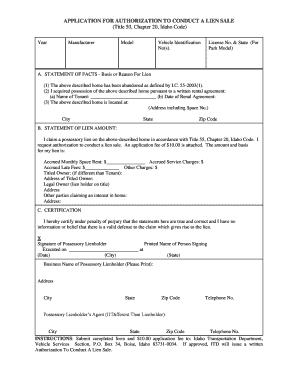 APPLICATION for AUTHORIZATION to CONDUCT a LIEN SALE Idahohousingalliance  Form