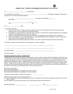 30 Day Notice of Moving Out  Form