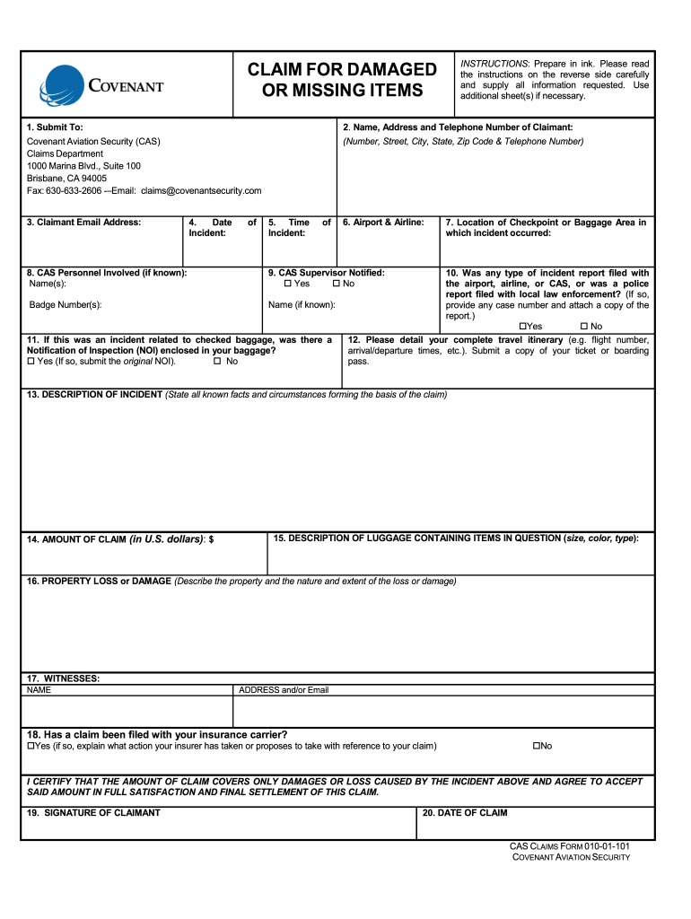 Covenant Security Claims  Form