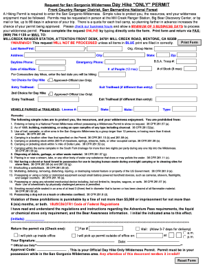 San Gorgonio Wilderness Permit  Form