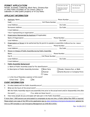 Assembly Permit Application for City of Roanoke Virginia Form