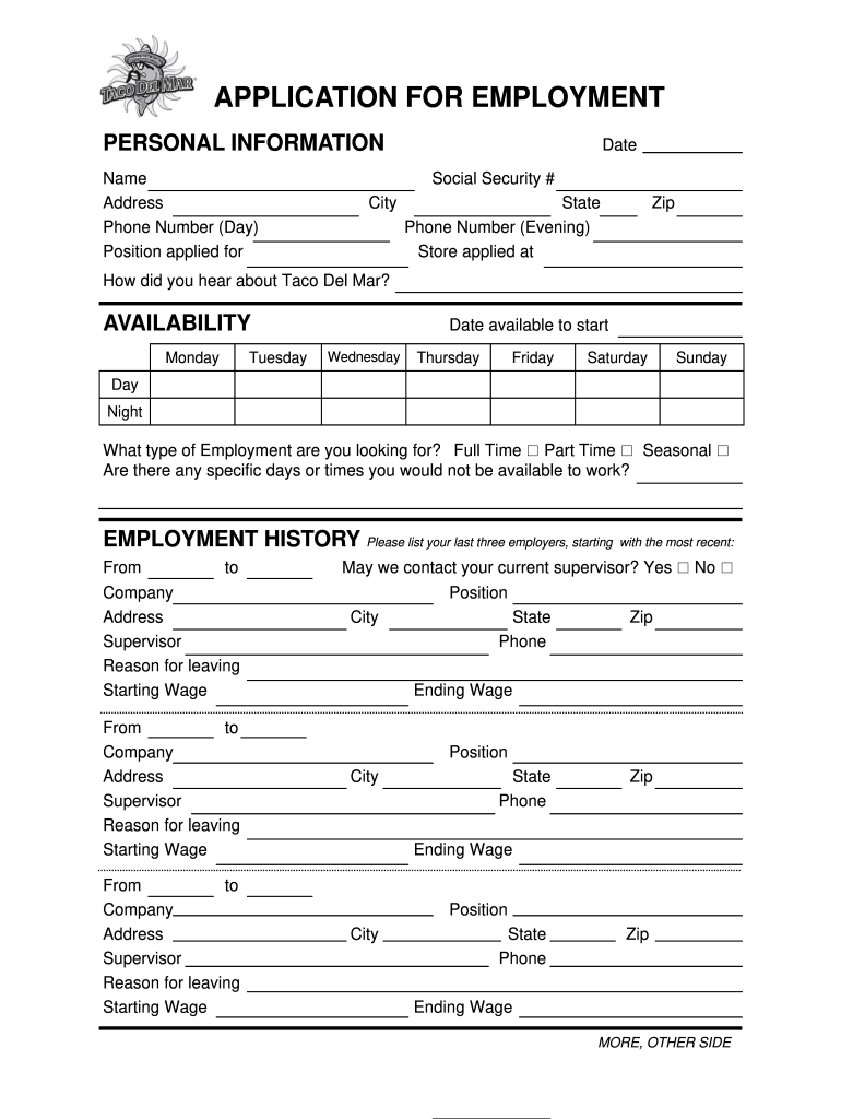 Taco Del Mar Application  Form