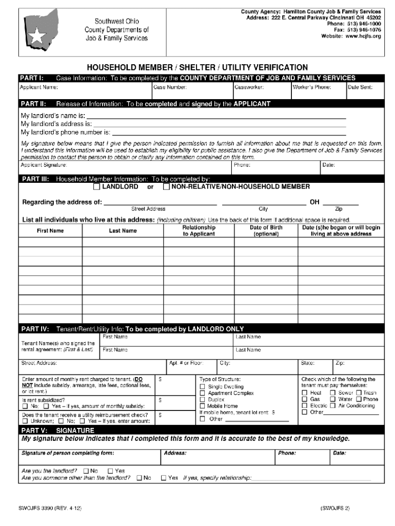 Household Member Shelter Utility Verification Job and Family Services Forms