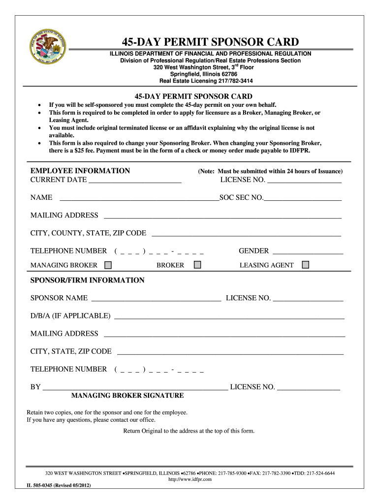 45 Day Sponsor Card  Form