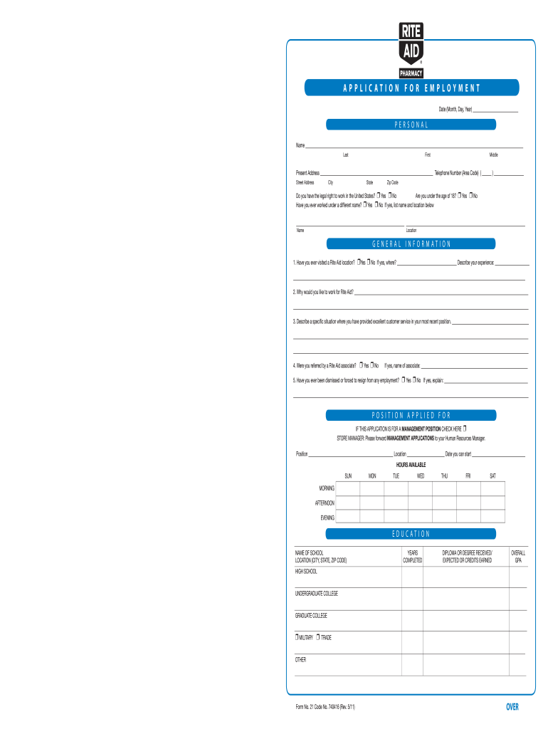  Rite Aid Application 2011-2024