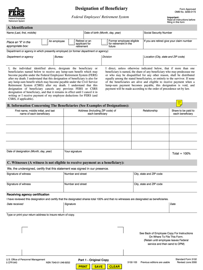 Sf 3102 Designation of Beneficiary Fers  Form