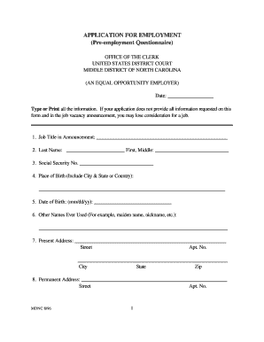 Pre Employment Questionnaire Template  Form