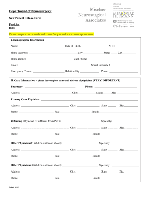 Department of Neurosurgery New Patient Intake Form Physician Date Please Complete This Questionnaire and Bring it with You to Yo