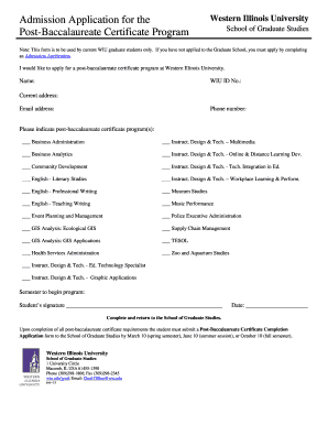 Application for Admission to Post Baccalaureate Certificate Program  Form