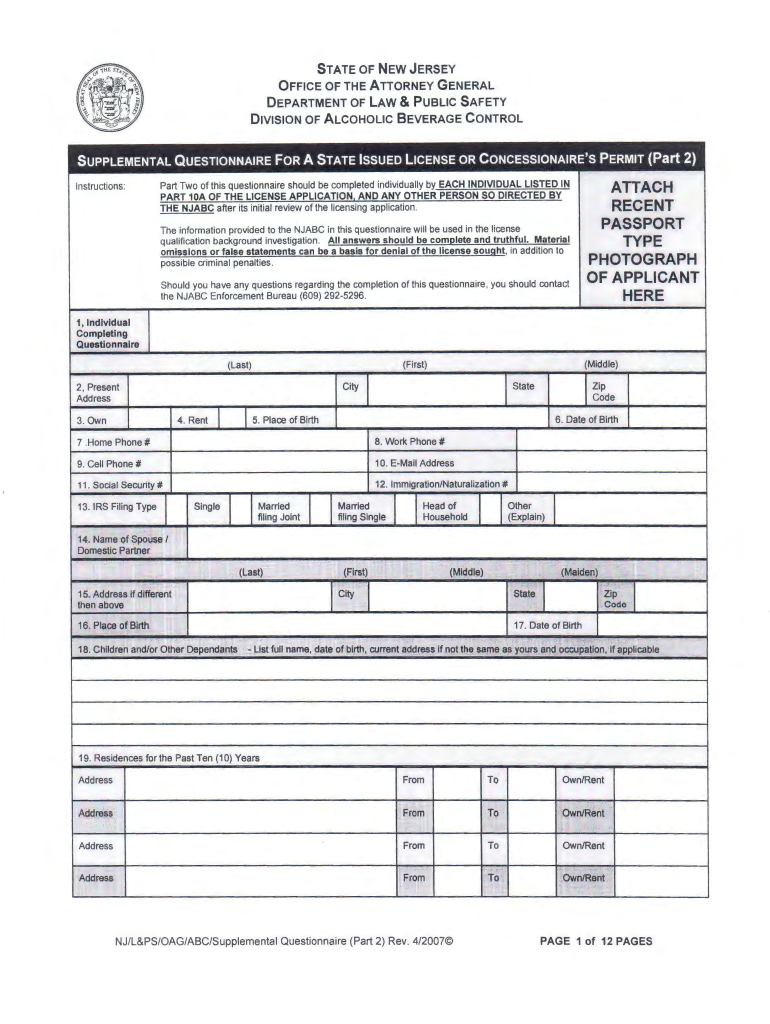  Nj State Application Supplemental Questionnaire 2007-2024