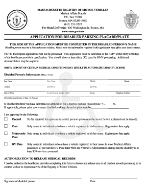 Application for Disabled Parking Placard Ma Form