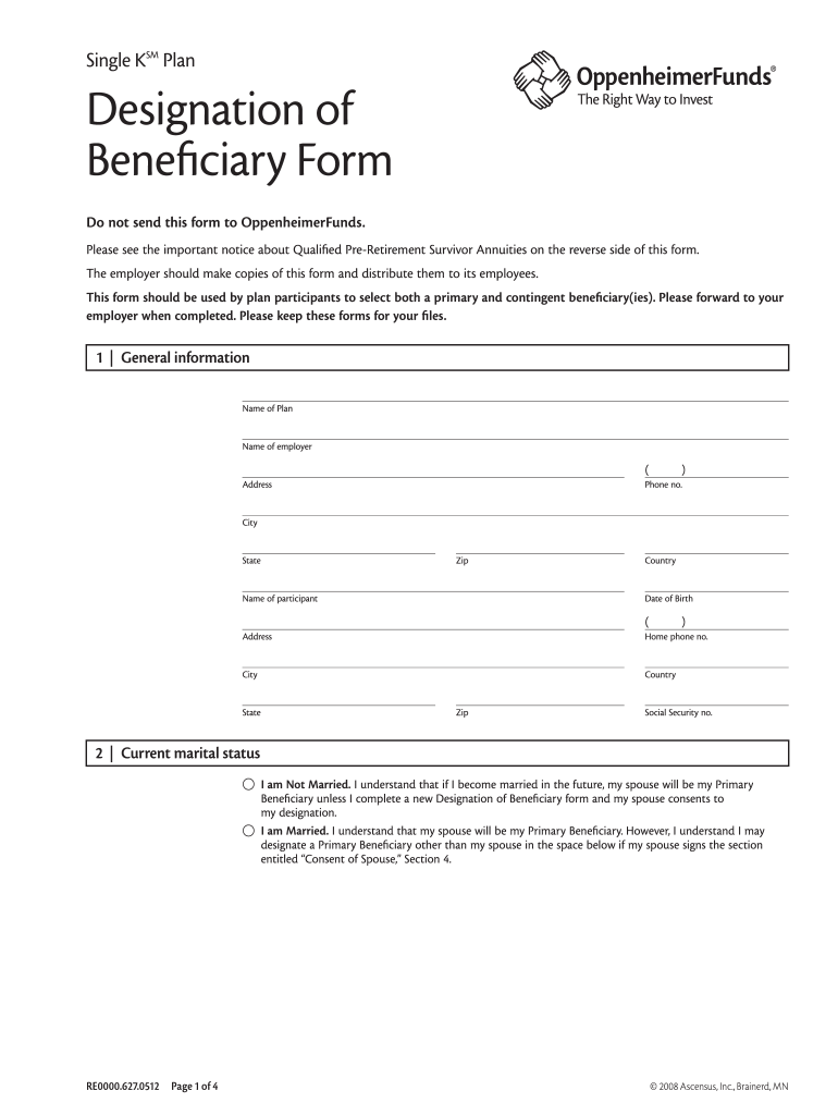 Oppenheimerfunds Single K Plandesignation of Beneficiary Forms