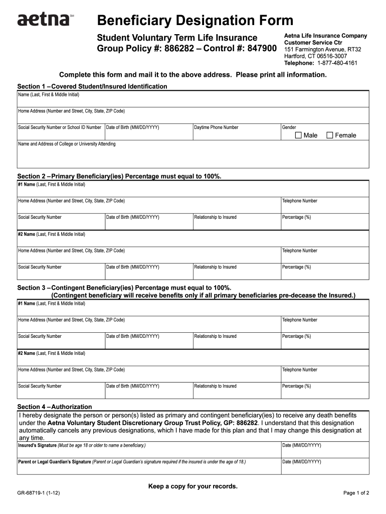 Aetna Life Insurance Company Designation of Beneficiary  Form