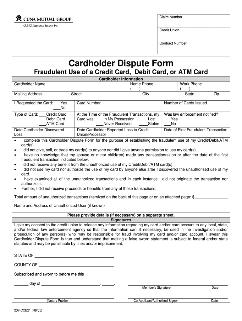  Cuna Mutual Group Cardholder Dispute Form 2005-2024