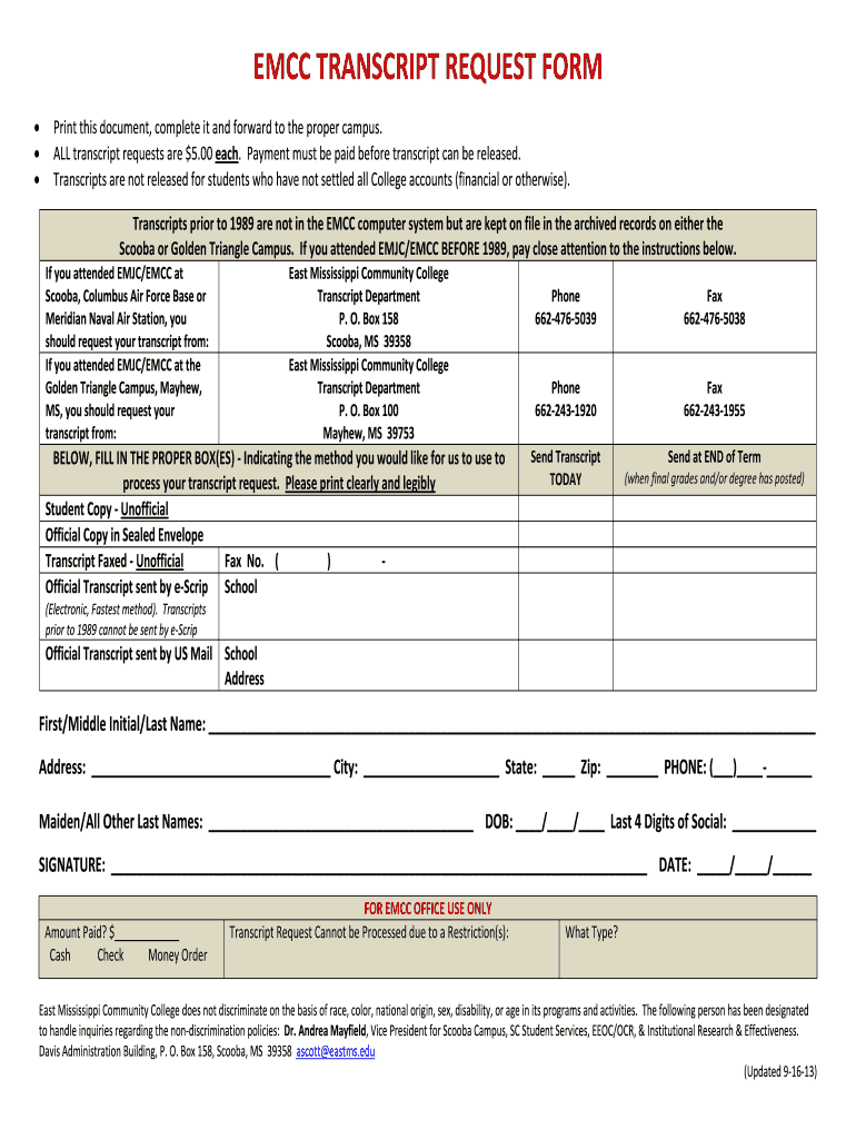 Get and Sign East Mississippi Community College Transcript  Form