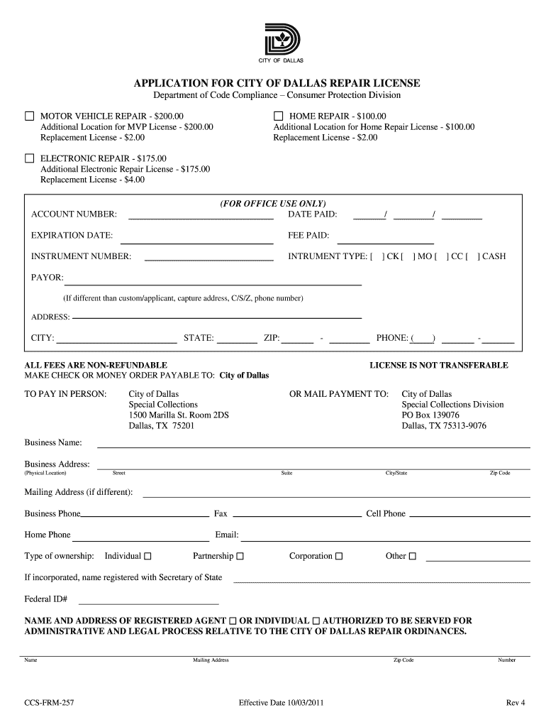 Get and Sign City of Dallas Auto Repair License  Form 2011