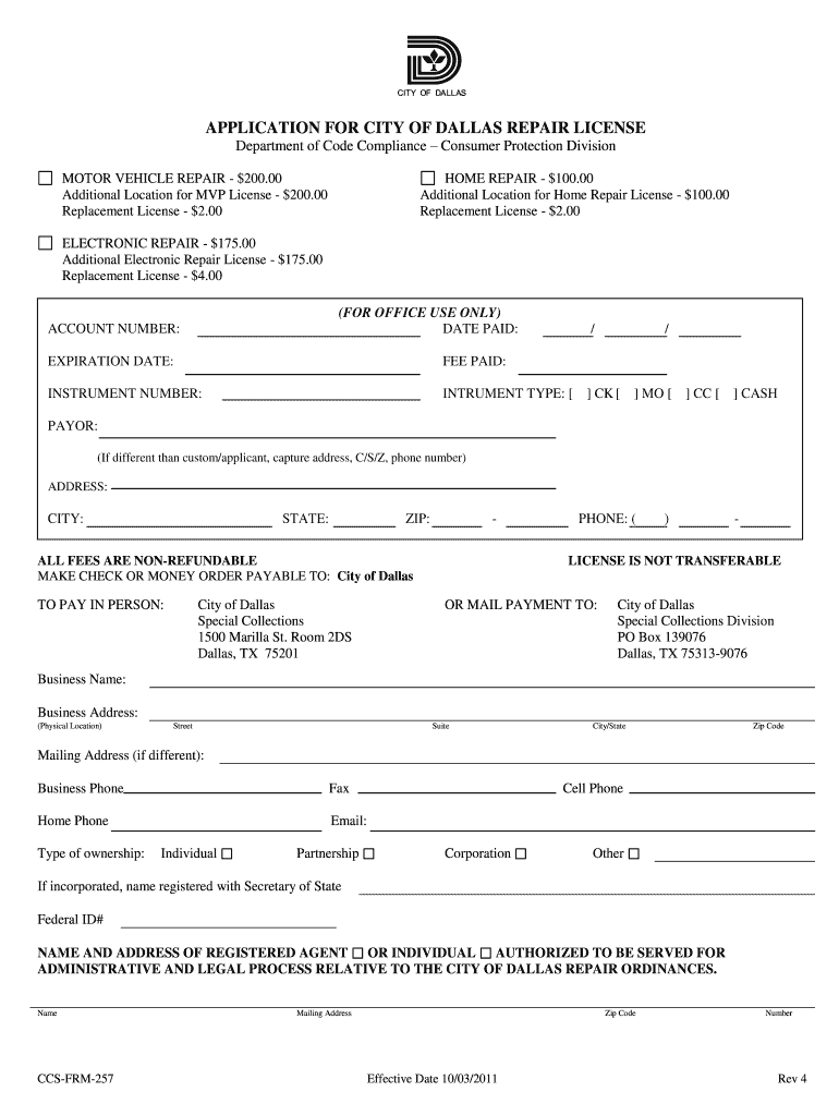  City of Dallas Auto Repair License  Form 2011