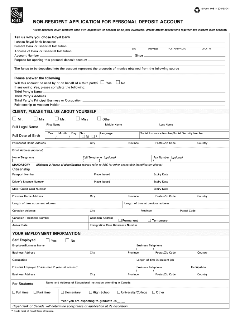 Non Resident Application for Personal Deposit Account E Form 10814