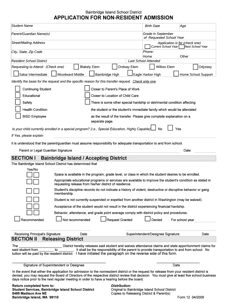 APPLICATION for NON RESIDENT ADMISSION Bisd303  Form