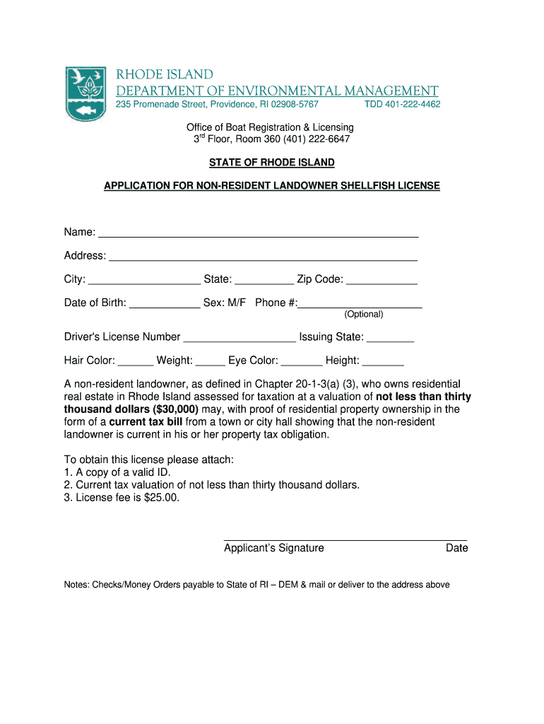 Ri Shellfishing License  Form