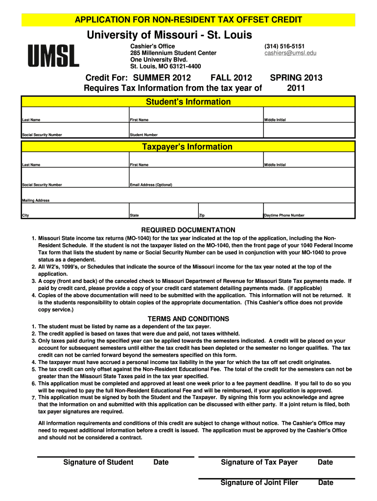 SS11 Thru SP12 Application for Tax Credit  Umsl  Form