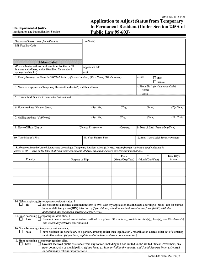 Application to Adjust Status from Temporary to Permanent Resident  Form