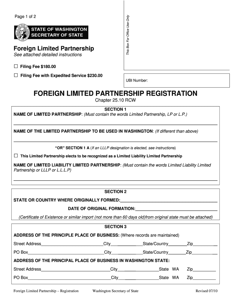 Foreign Limited Partnership Registration Washington Secretary of Sos Wa  Form