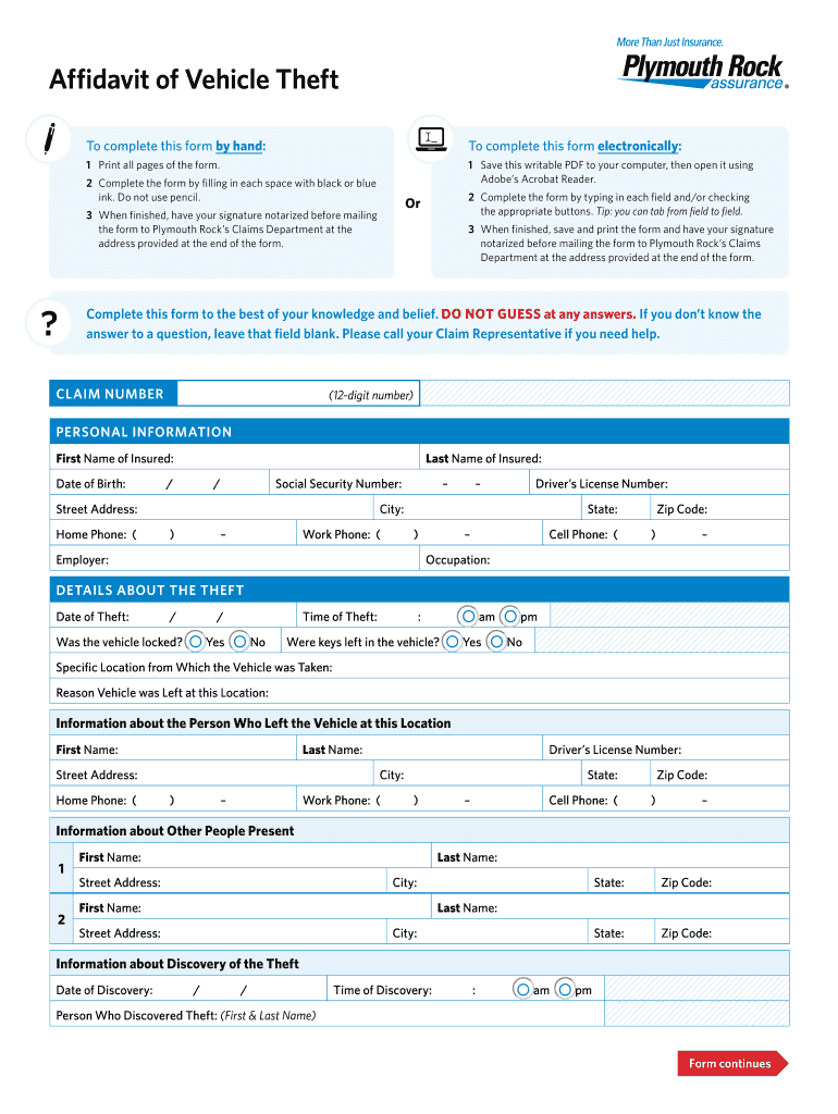 Affidavit of Vehicle Theft  Form