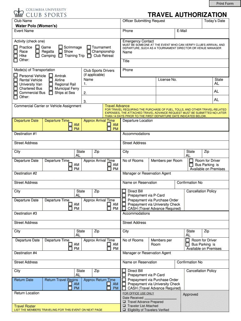 Travel Authorization NEW DOC Columbia  Form