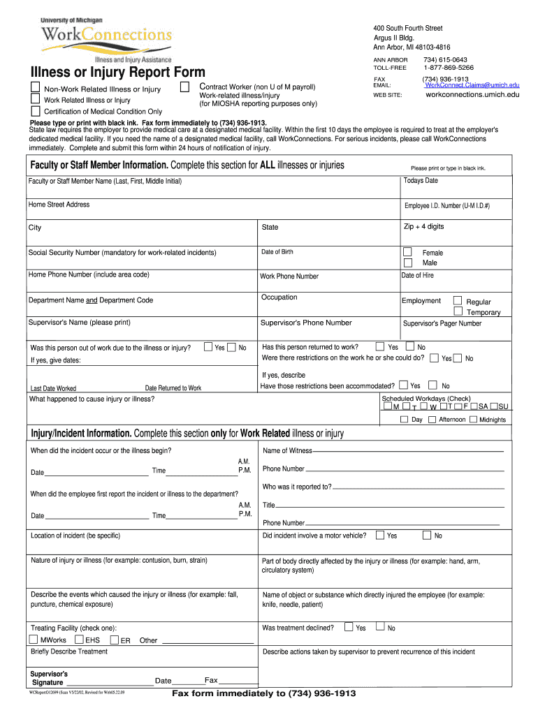 Illness or Injury Report Form WorkConnections Workconnections Umich