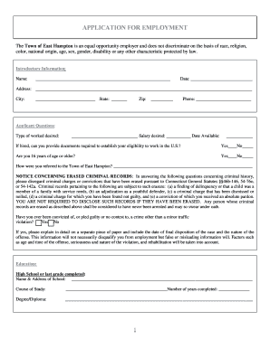 Employment Application East Hampton, Connecticut Easthamptonct  Form